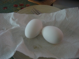 Isaac stole one egg (gave me back half the yolk) so it was about 100 calories give or take.